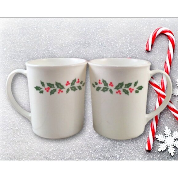 Corningware Other - 2 Winter Holly Berry Mugs Corning White Glass Green Christmas Holidays